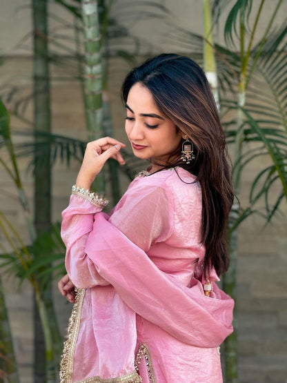 Soft Baby Pink Satin Silk Farshi Salwar Set Hand-Embellished Designer Wear