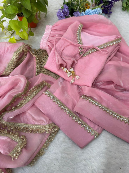 Soft Baby Pink Satin Silk Farshi Salwar Set Hand-Embellished Designer Wear