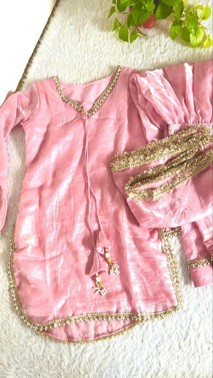 Soft Baby Pink Satin Silk Farshi Salwar Set Hand-Embellished Designer Wear