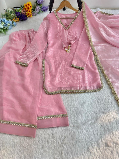 Soft Baby Pink Satin Silk Farshi Salwar Set Hand-Embellished Designer Wear