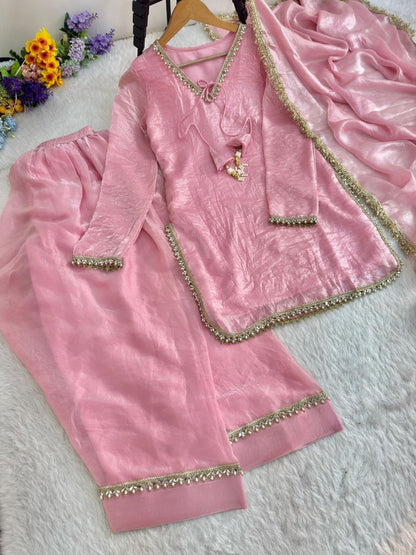 Soft Baby Pink Satin Silk Farshi Salwar Set Hand-Embellished Designer Wear