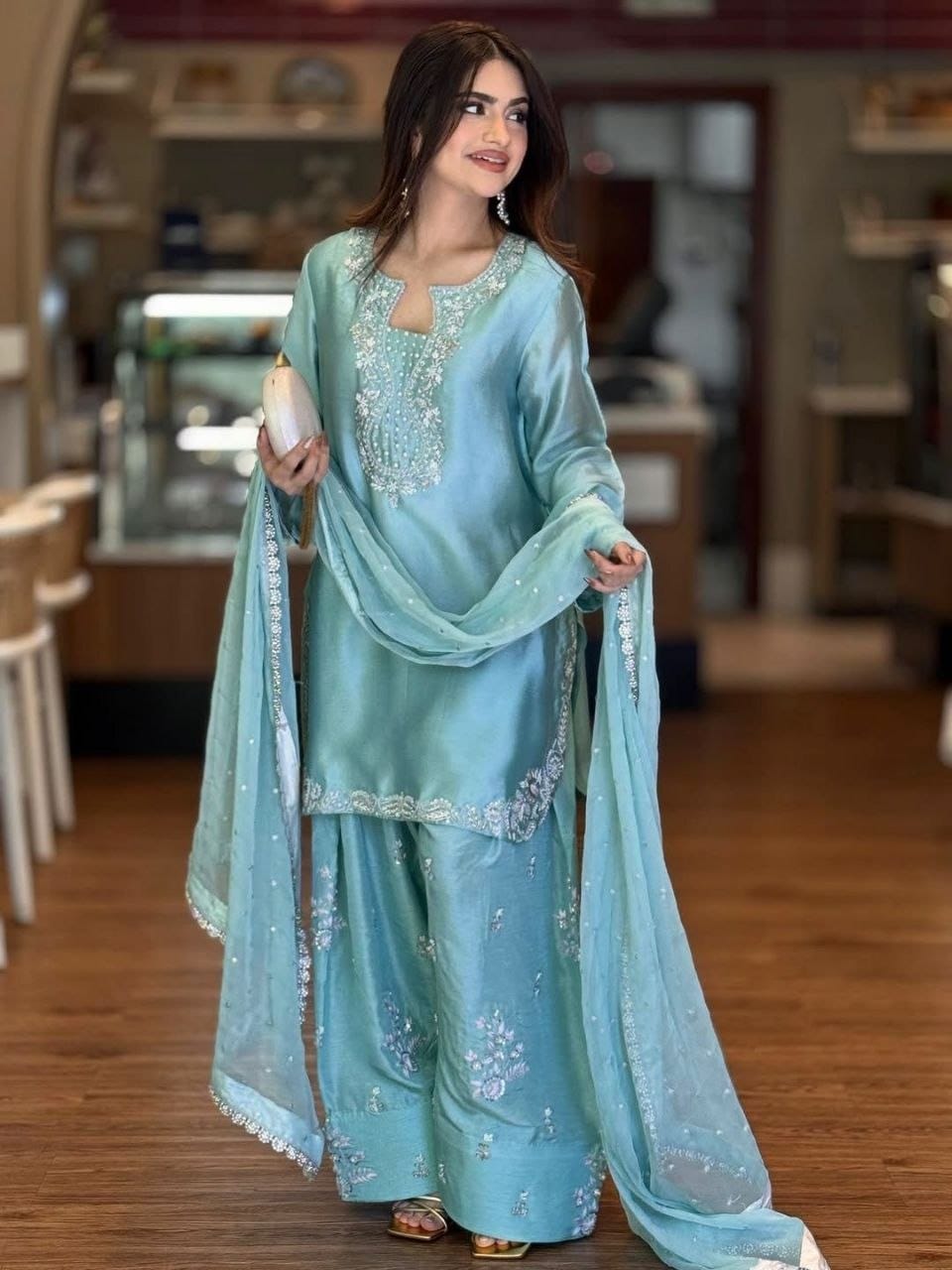 The Aqua Radiance: Roman Glass Silk Farshi Salwar Suit with Organza Cutwork Dupatta