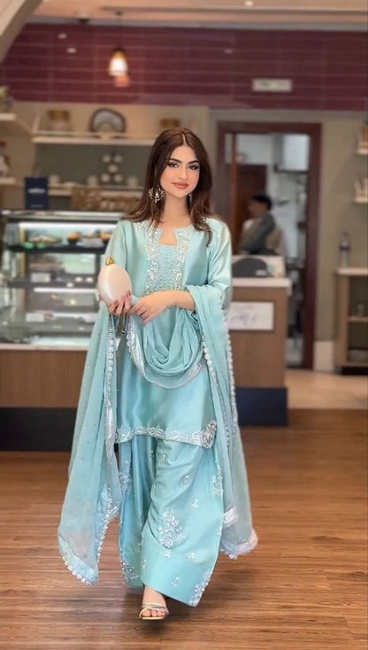 The Aqua Radiance: Roman Glass Silk Farshi Salwar Suit with Organza Cutwork Dupatta