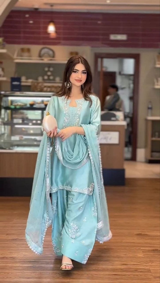 The Aqua Radiance: Roman Glass Silk Farshi Salwar Suit with Organza Cutwork Dupatta