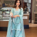 The Aqua Radiance: Roman Glass Silk Farshi Salwar Suit with Organza Cutwork Dupatta