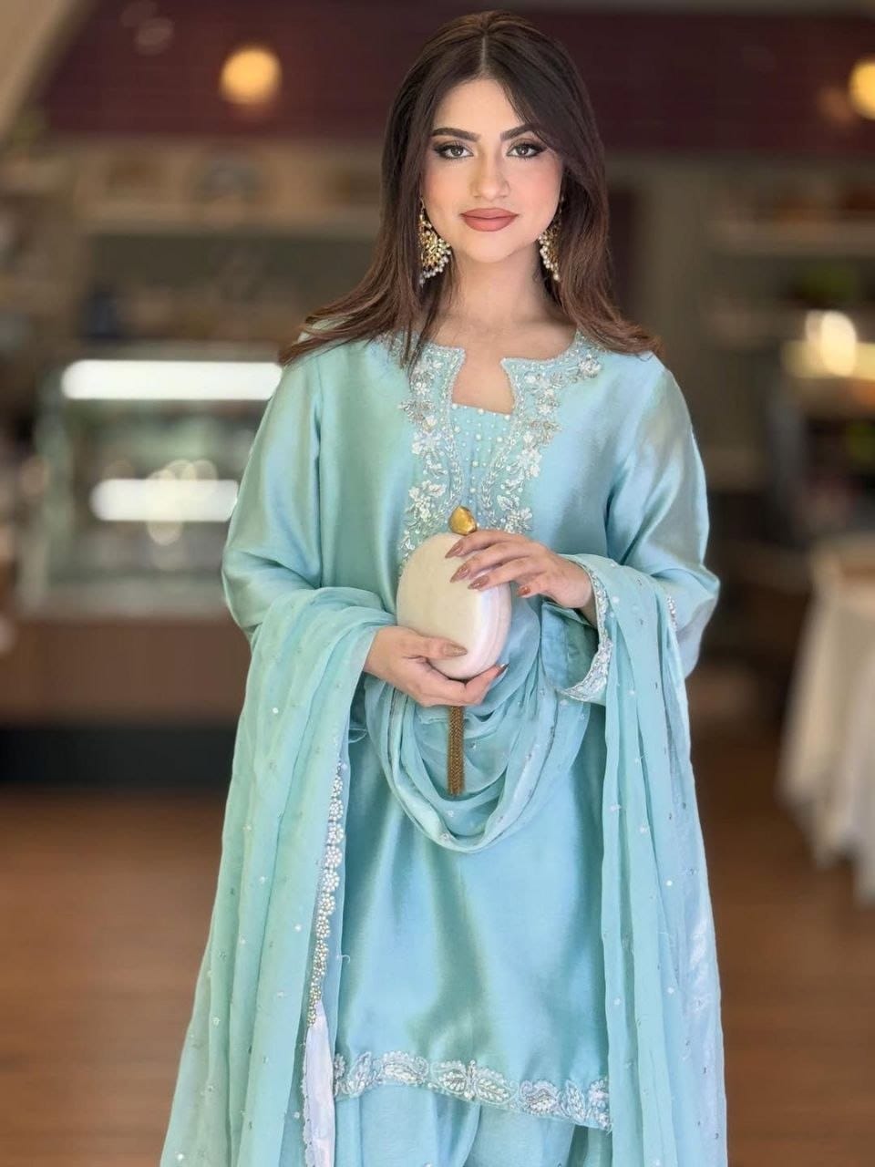 The Aqua Radiance: Roman Glass Silk Farshi Salwar Suit with Organza Cutwork Dupatta