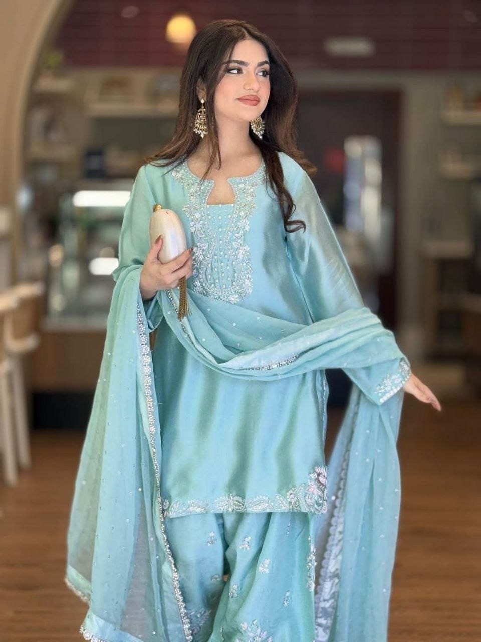 The Aqua Radiance: Roman Glass Silk Farshi Salwar Suit with Organza Cutwork Dupatta
