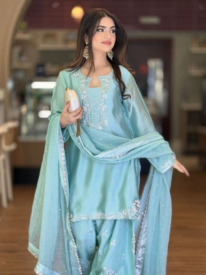 The Aqua Radiance: Roman Glass Silk Farshi Salwar Suit with Organza Cutwork Dupatta