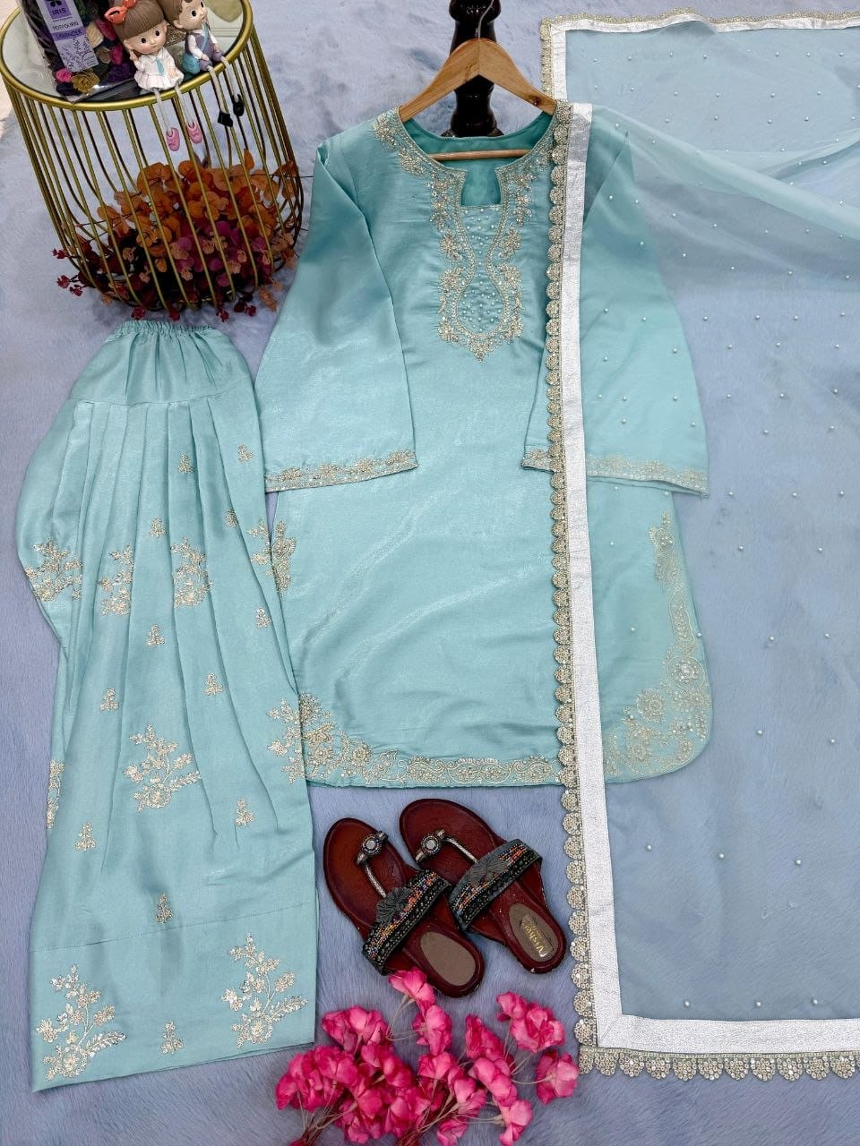 The Aqua Radiance: Roman Glass Silk Farshi Salwar Suit with Organza Cutwork Dupatta