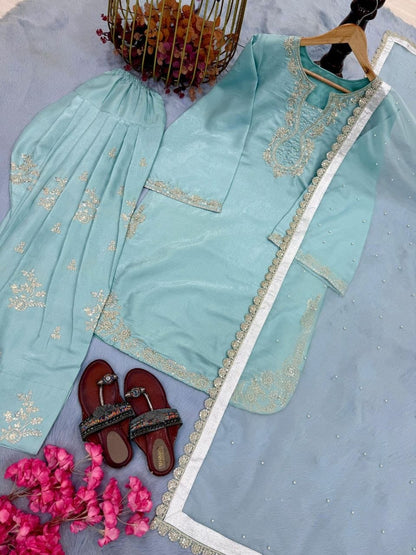 The Aqua Radiance: Roman Glass Silk Farshi Salwar Suit with Organza Cutwork Dupatta