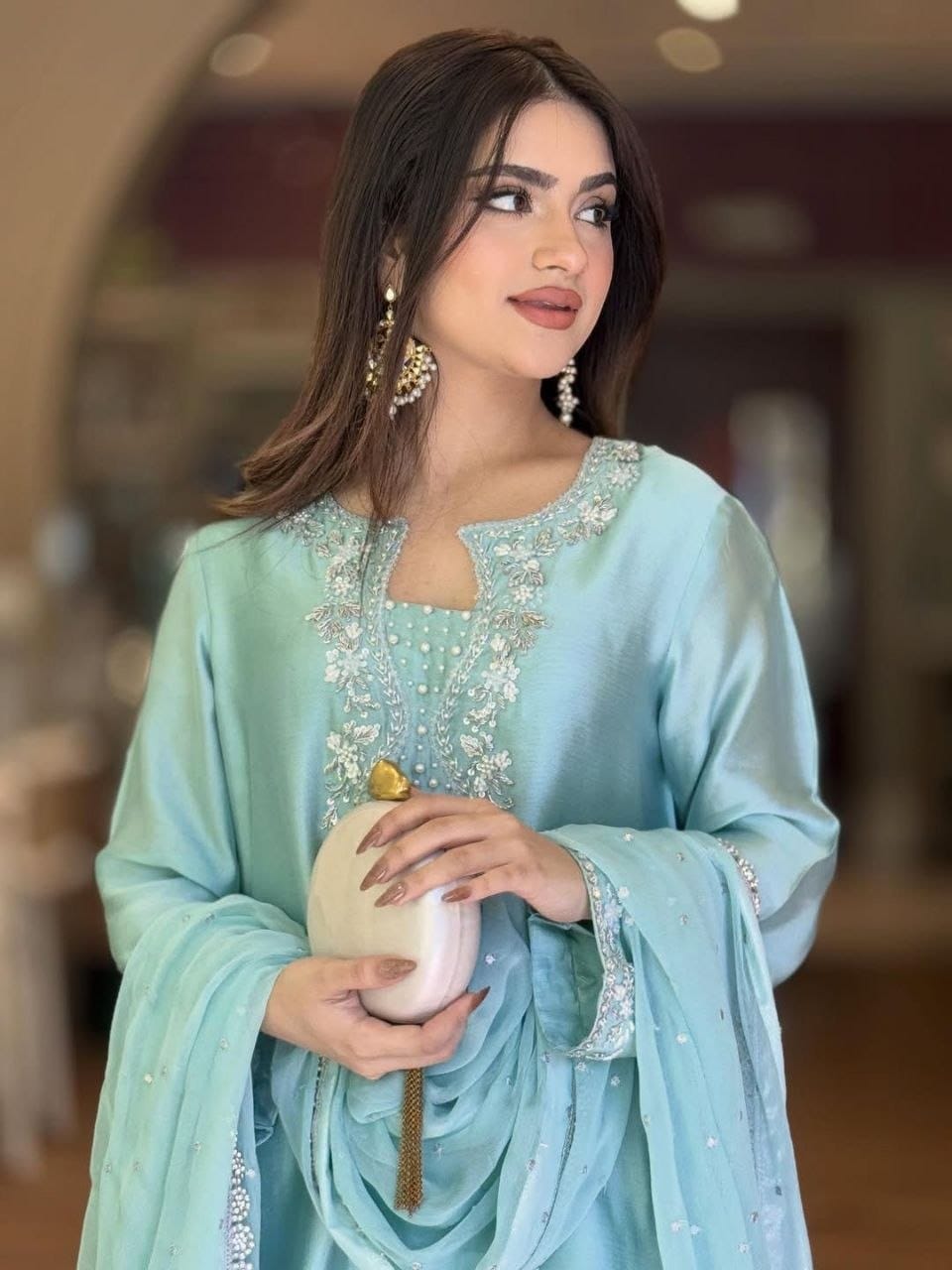 The Aqua Radiance: Roman Glass Silk Farshi Salwar Suit with Organza Cutwork Dupatta