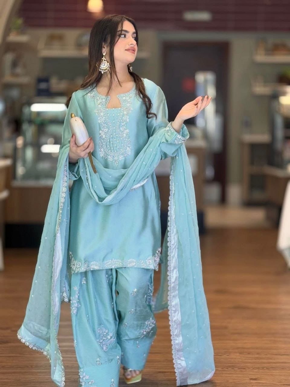 The Aqua Radiance: Roman Glass Silk Farshi Salwar Suit with Organza Cutwork Dupatta