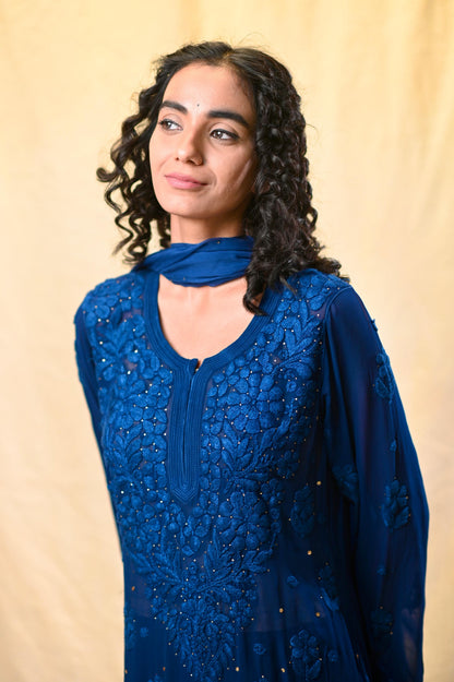 Party Wear Royal Blue Viscose Chikankari Kurti Set with 3D Handwork Inner included