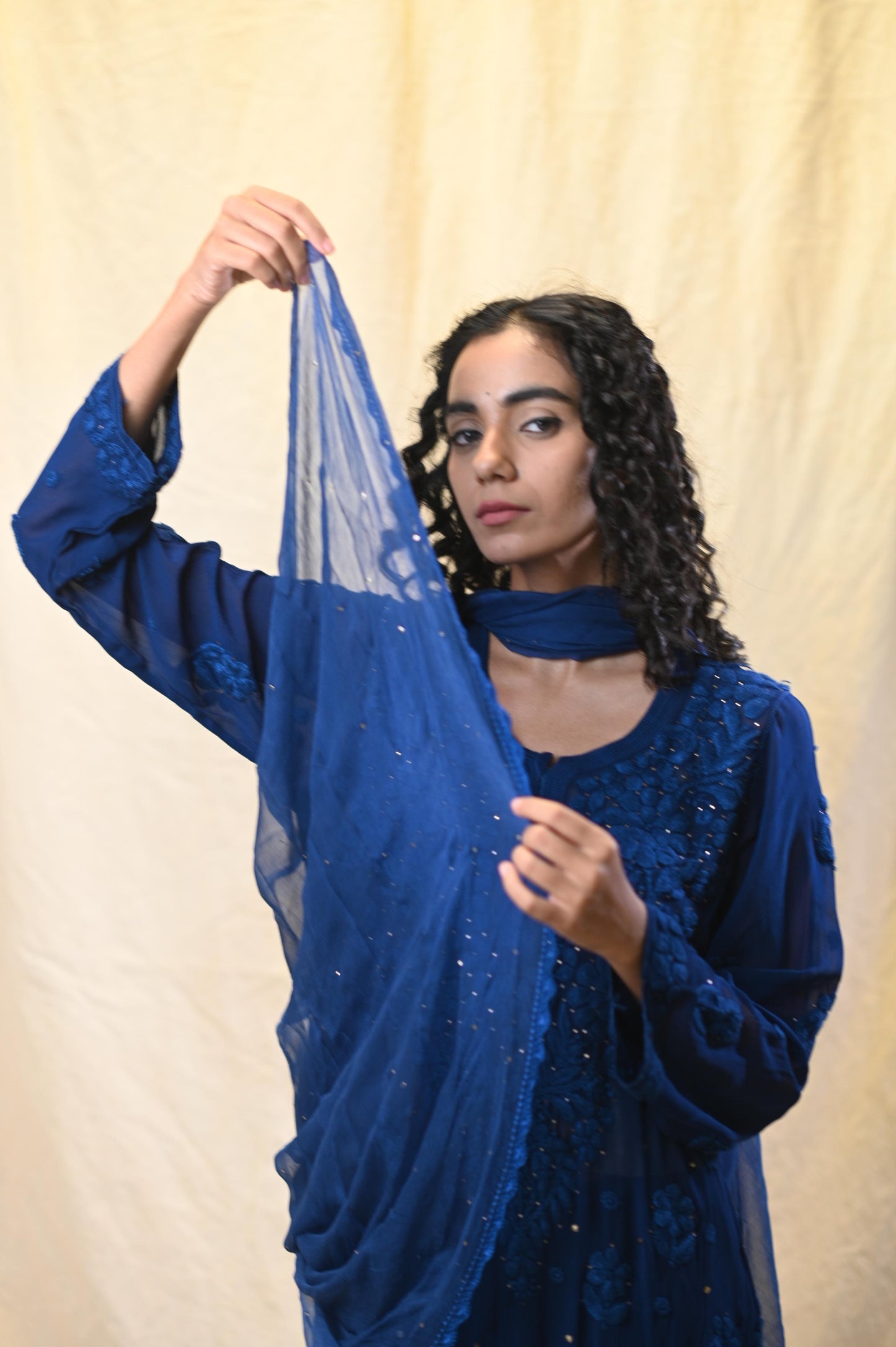 Party Wear Royal Blue Viscose Chikankari Kurti Set with 3D Handwork Inner included