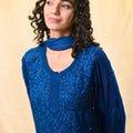 Party Wear Royal Blue Viscose Chikankari Kurti Set with 3D Handwork Inner included