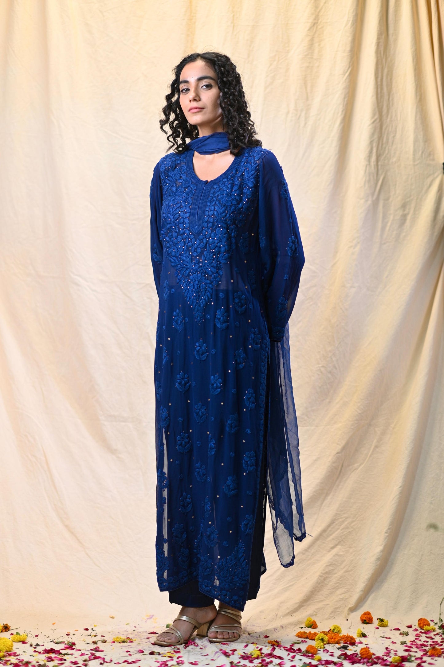 Party Wear Royal Blue Viscose Chikankari Kurti Set with 3D Handwork Inner included