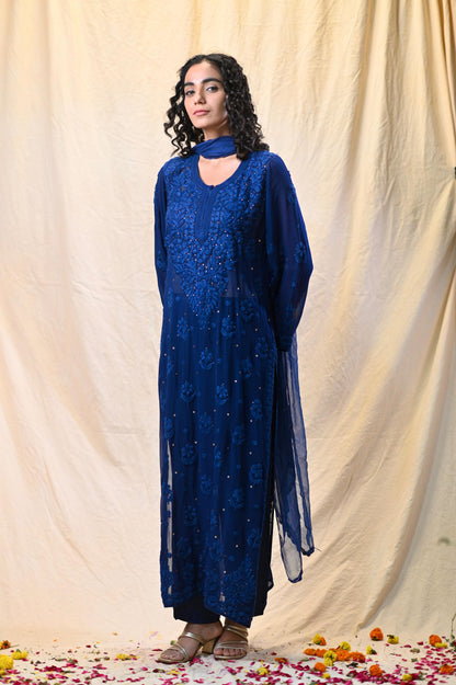 Party Wear Royal Blue Viscose Chikankari Kurti Set with 3D Handwork Inner included