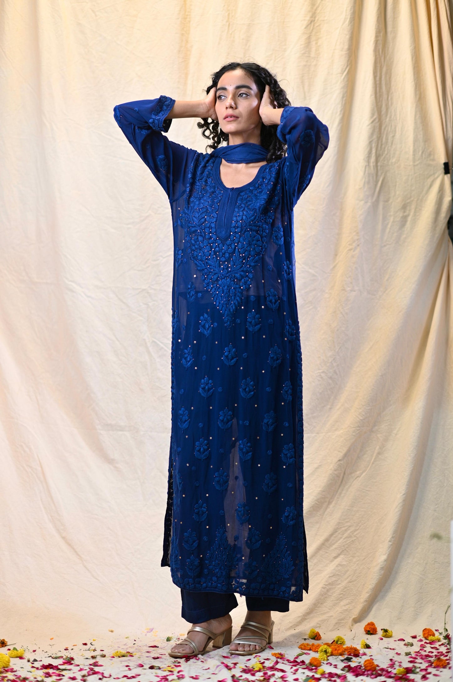Party Wear Royal Blue Viscose Chikankari Kurti Set with 3D Handwork Inner included