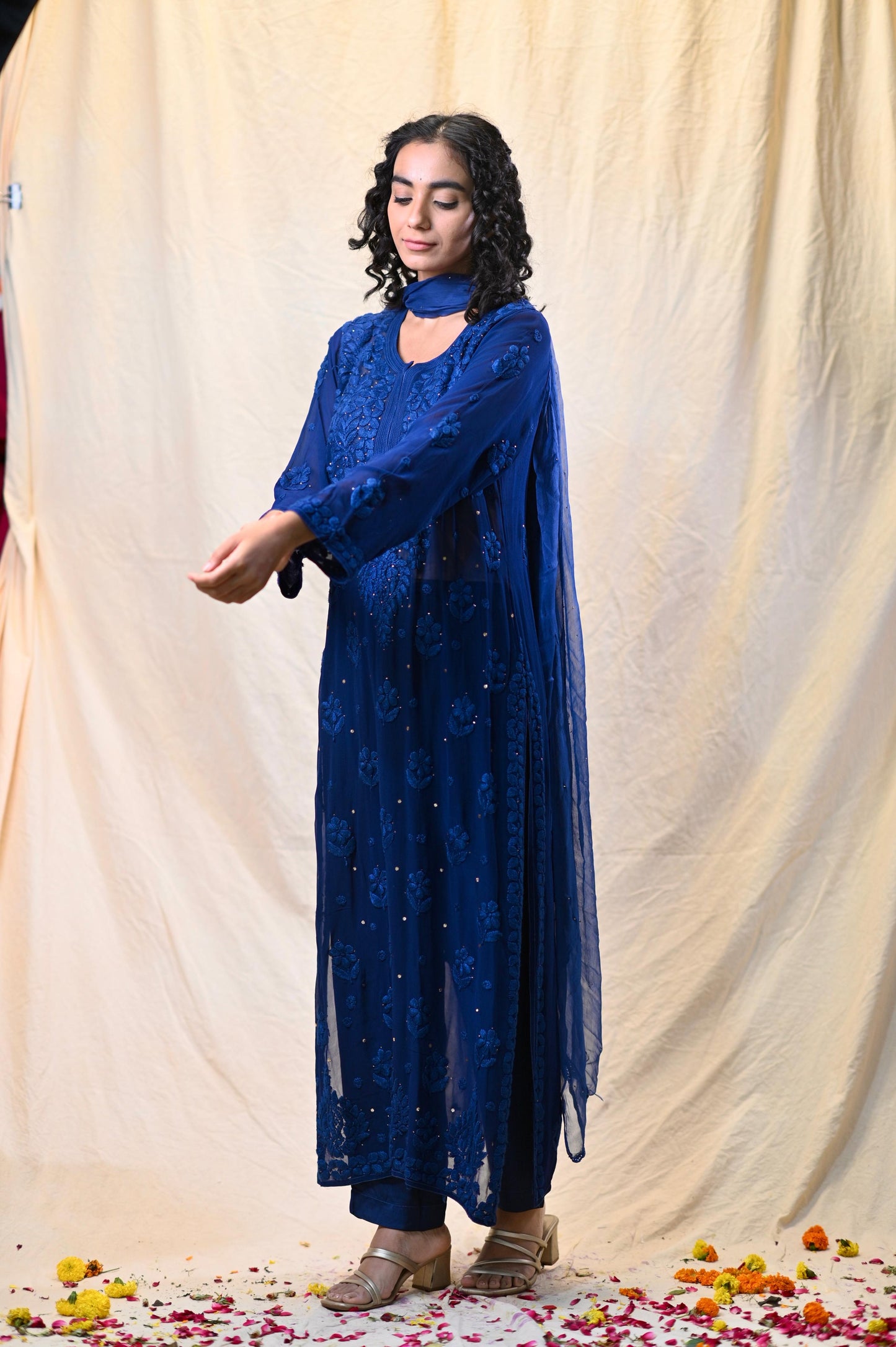 Party Wear Royal Blue Viscose Chikankari Kurti Set with 3D Handwork Inner included