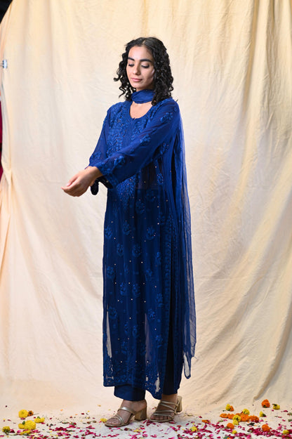 Party Wear Royal Blue Viscose Chikankari Kurti Set with 3D Handwork Inner included