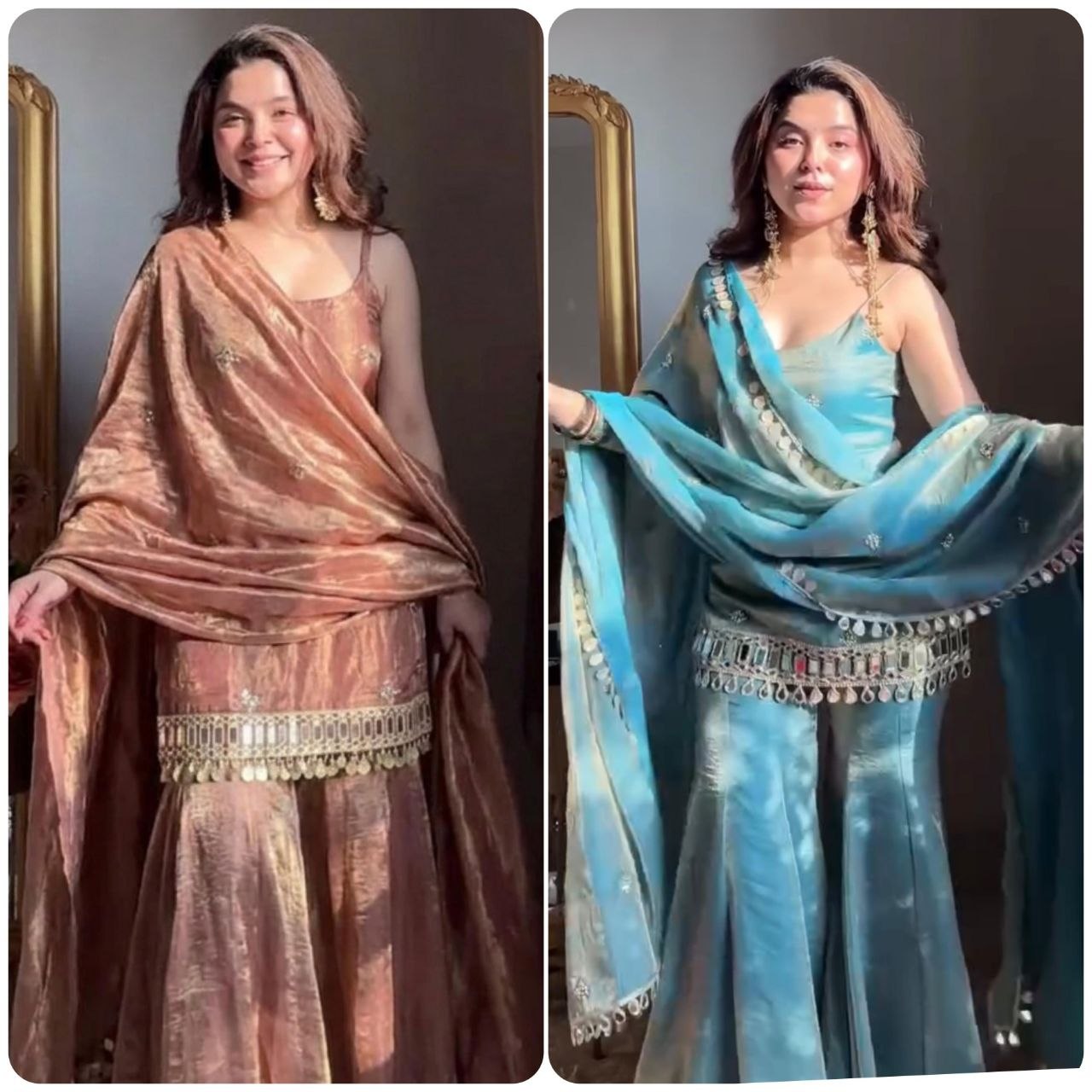 Pastel Turquoise Silk Sharara Set with Real Mirror Hand-Work