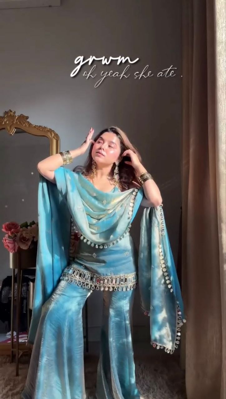 Pastel Turquoise Silk Sharara Set with Real Mirror Hand-Work
