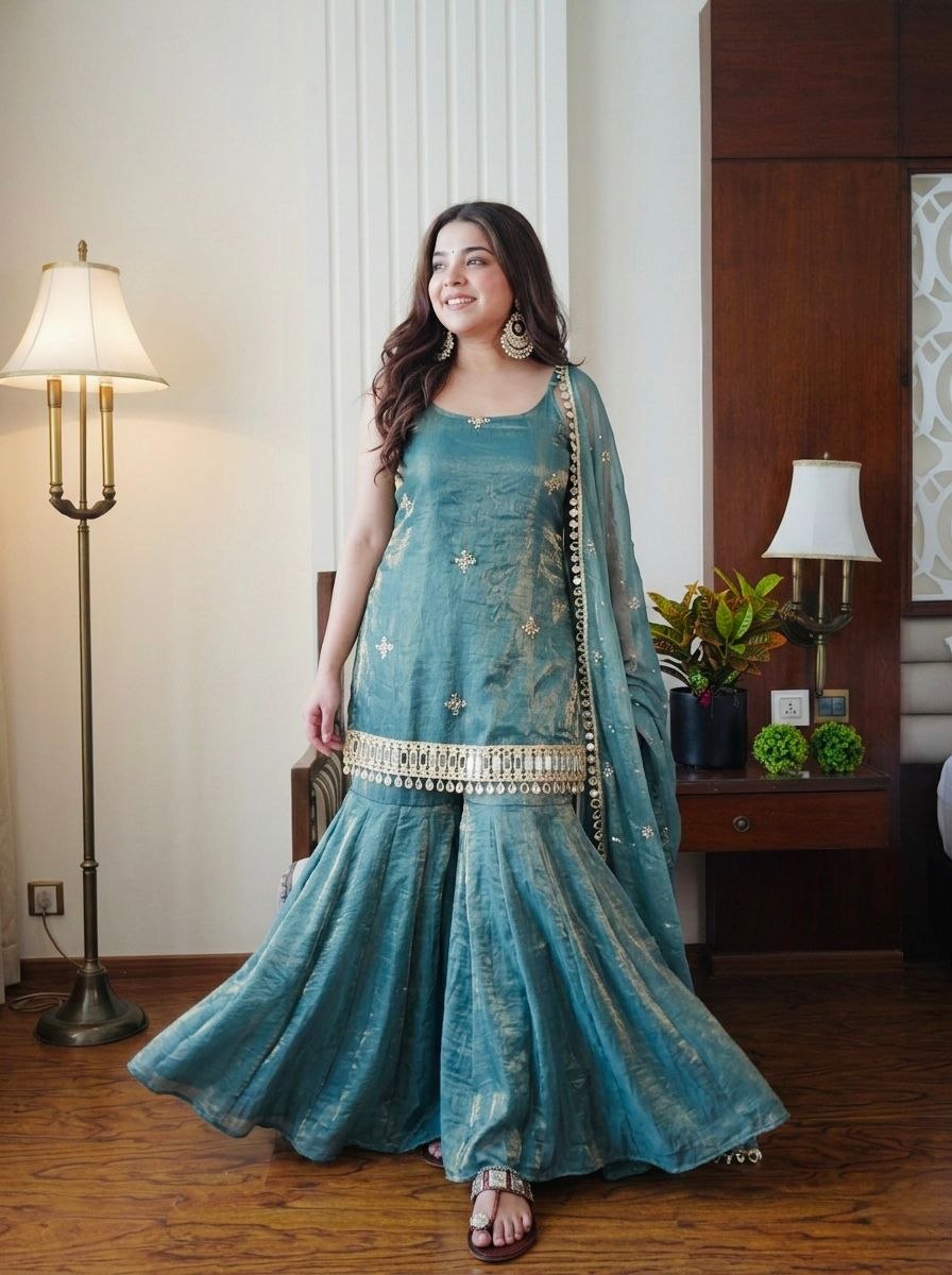 Pastel Turquoise Silk Sharara Set with Real Mirror Hand-Work