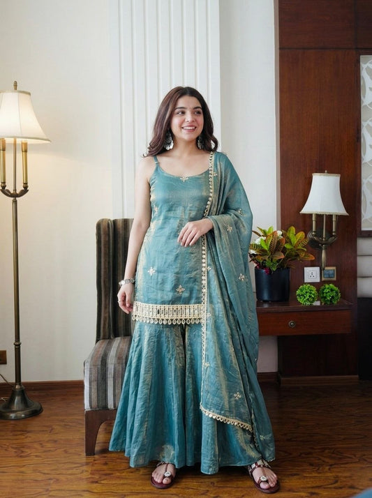 Pastel Turquoise Silk Sharara Set with Real Mirror Hand-Work