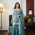 Pastel Turquoise Silk Sharara Set with Real Mirror Hand-Work