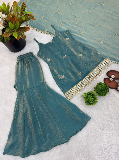 Pastel Turquoise Silk Sharara Set with Real Mirror Hand-Work
