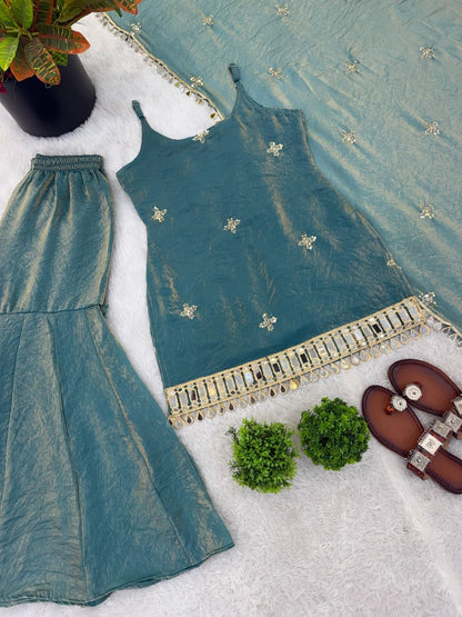Pastel Turquoise Silk Sharara Set with Real Mirror Hand-Work