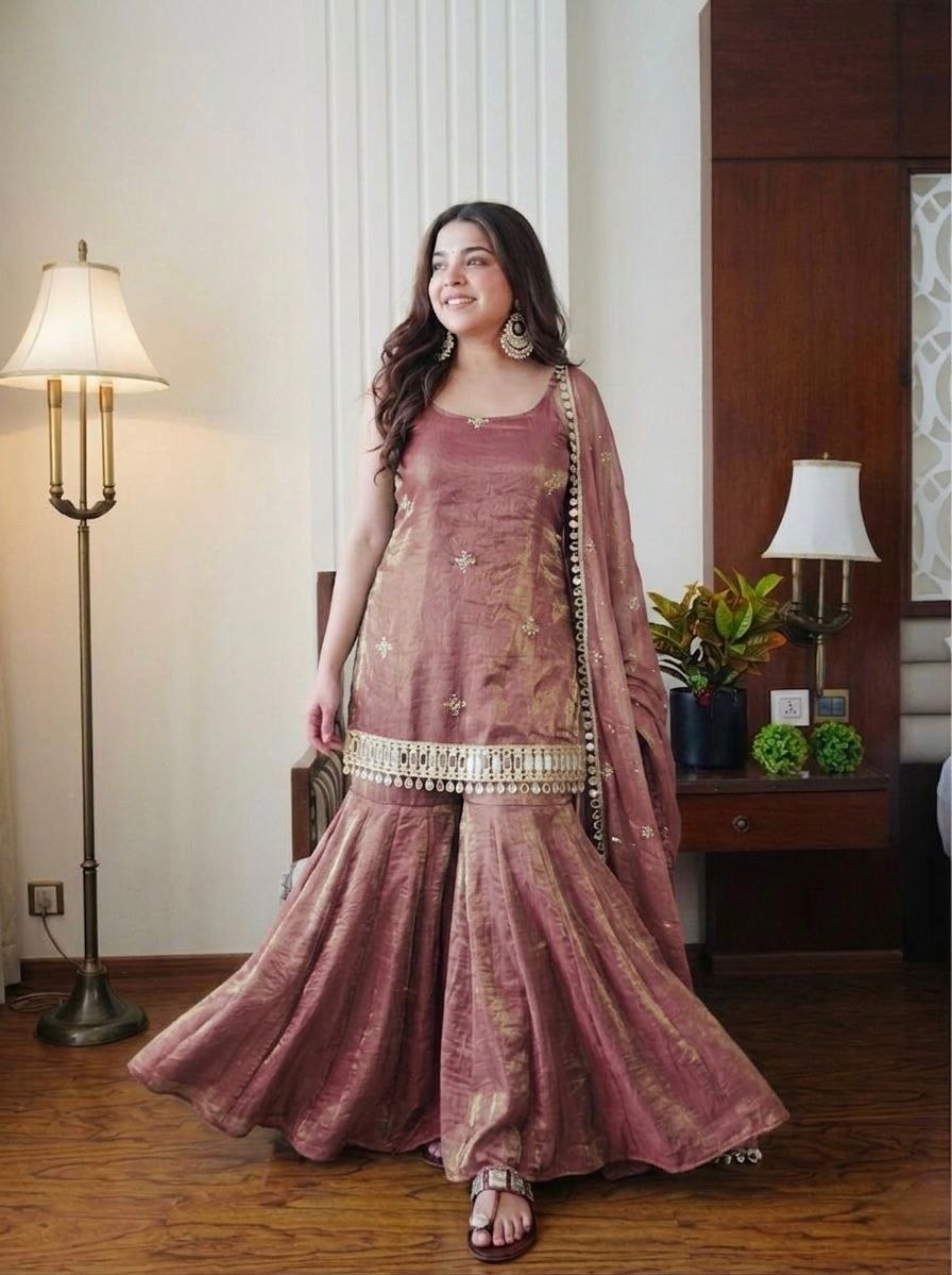 The Dusty Rose Royale: Fendy Silk Sharara Ensemble with Real Mirror Work