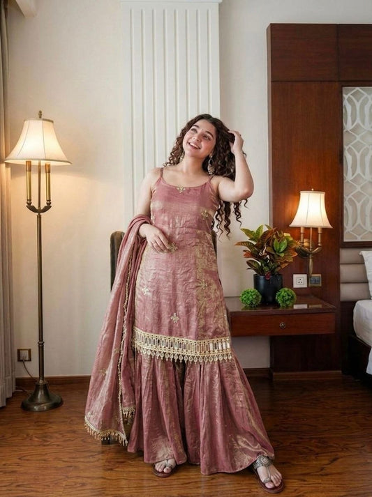 The Dusty Rose Royale: Fendy Silk Sharara Ensemble with Real Mirror Work