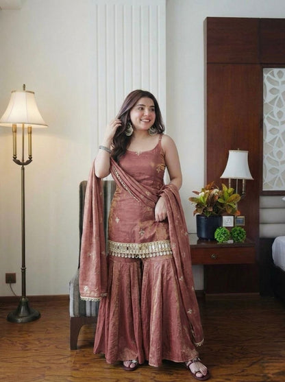 The Dusty Rose Royale: Fendy Silk Sharara Ensemble with Real Mirror Work