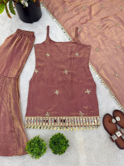 The Dusty Rose Royale: Fendy Silk Sharara Ensemble with Real Mirror Work