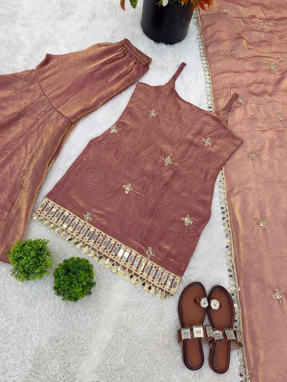 The Dusty Rose Royale: Fendy Silk Sharara Ensemble with Real Mirror Work