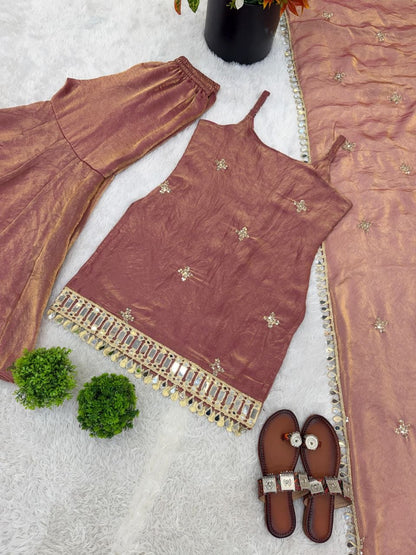 The Dusty Rose Royale: Fendy Silk Sharara Ensemble with Real Mirror Work