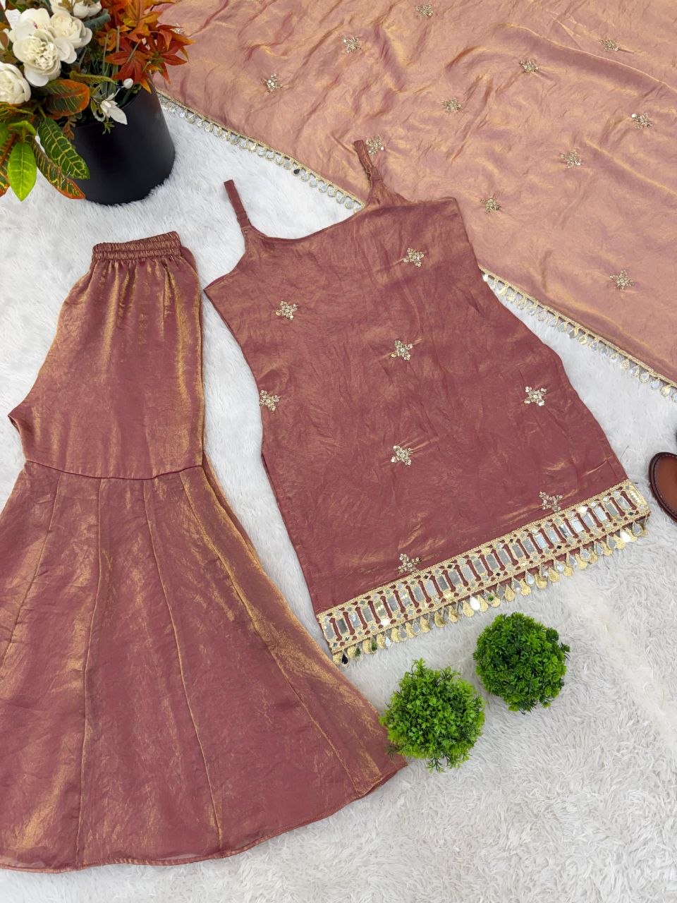 The Dusty Rose Royale: Fendy Silk Sharara Ensemble with Real Mirror Work
