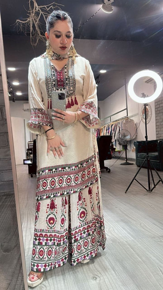 Luxe Reflection: Designer Floral Chinnon Silk 3-Piece Festive Suite