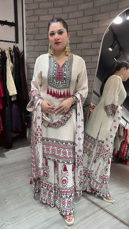 Luxe Reflection: Designer Floral Chinnon Silk 3-Piece Festive Suite