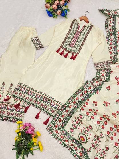 Luxe Reflection: Designer Floral Chinnon Silk 3-Piece Festive Suite