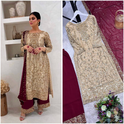 Regal Contrast Series: Embroidered Beige & Maroon Designer 3-Piece Set