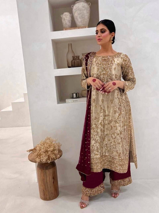 Regal Contrast Series: Embroidered Beige & Maroon Designer 3-Piece Set