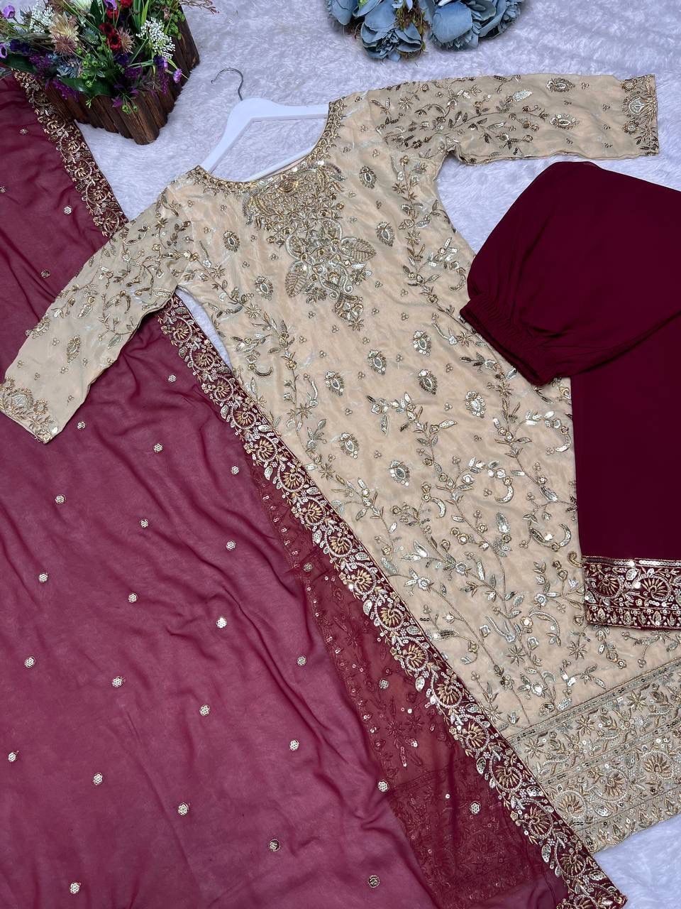 Regal Contrast Series: Embroidered Beige & Maroon Designer 3-Piece Set
