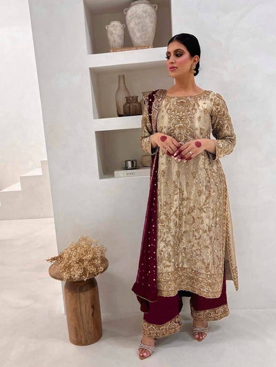 Regal Contrast Series: Embroidered Beige & Maroon Designer 3-Piece Set
