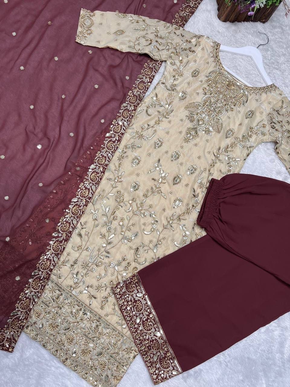 Regal Contrast Series: Embroidered Beige & Maroon Designer 3-Piece Set