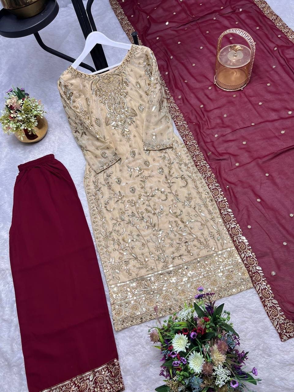 Regal Contrast Series: Embroidered Beige & Maroon Designer 3-Piece Set