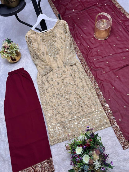 Regal Contrast Series: Embroidered Beige & Maroon Designer 3-Piece Set