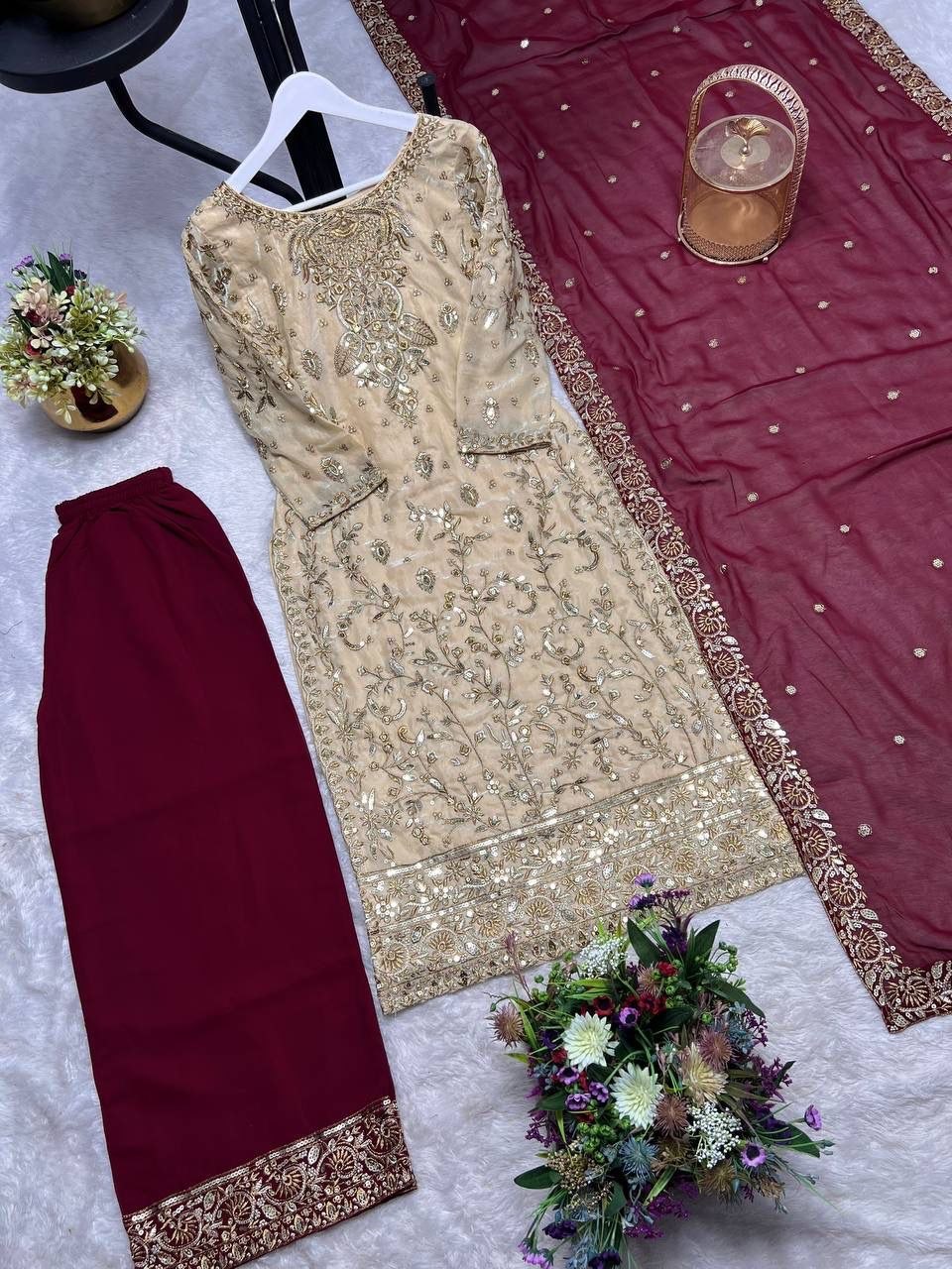 Regal Contrast Series: Embroidered Beige & Maroon Designer 3-Piece Set