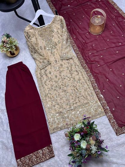 Regal Contrast Series: Embroidered Beige & Maroon Designer 3-Piece Set